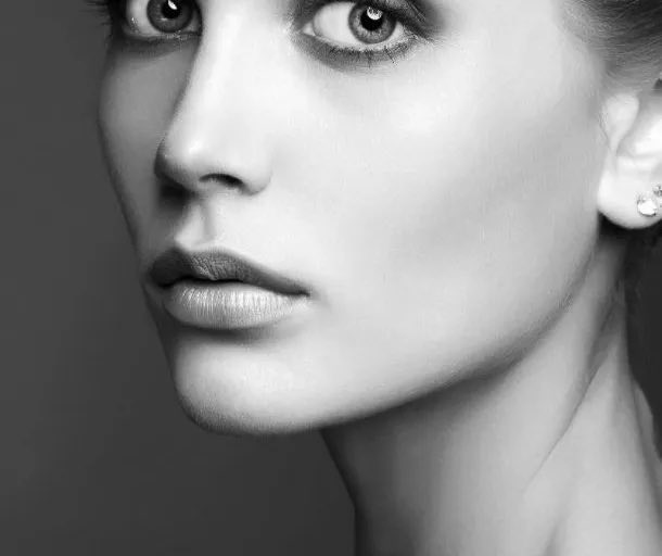 Black and white studio portrait cropped at the eyes, the face turned three quarters towards the light.